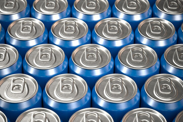Array of Sealed Blue Aluminum Beverage Cans: A Perfect Metallic Pattern
