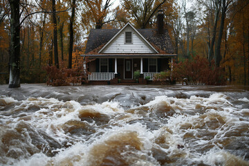 Floodwaters racing past an abandoned house in USA
