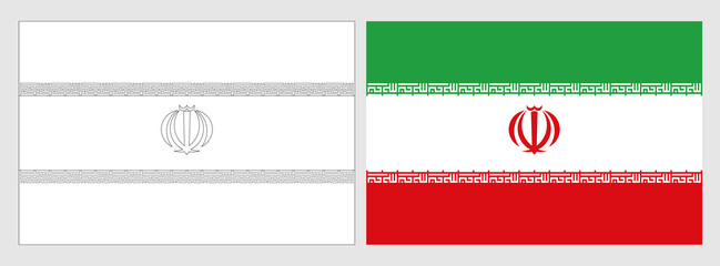 Iran flag - coloring page. Set of white wireframe thin black outline flag and original colored flag. - 767082333