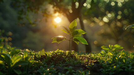 An idyllic moment frozen in time, with a young tree reaching towards the morning sun amidst a panorama of lush foliage, embodying the essence of growth and renewal. 32K. - obrazy, fototapety, plakaty