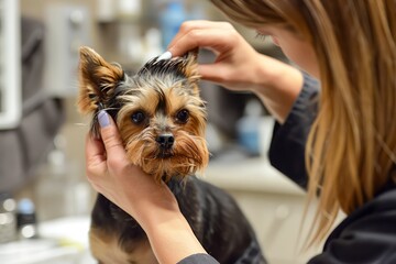 Professional Pet Groomer Carefully Trimming and Styling Cute Yorkshire Terrier Dog in Salon Setting