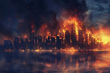 Dramatic Night Scene of a Raging Fire Engulfing a City, Concept Illustration - obrazy, fototapety, plakaty