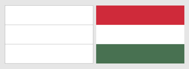 Hungary flag - coloring page. Set of white wireframe thin black outline flag and original colored flag.