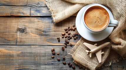 Cup of espresso with coffee beans on rustic wooden background with burlap and cinnamon sticks.