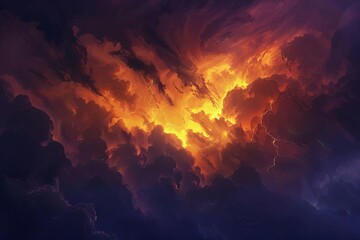 Dramatic Stormy Sky with Dark Clouds and Lightning Bolts, Digital Illustration - obrazy, fototapety, plakaty