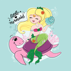 Cute cartoon illustration with beautiful mermaid, turtle and lettering little mermaid on a white background. T-shirt art, pajamas print
