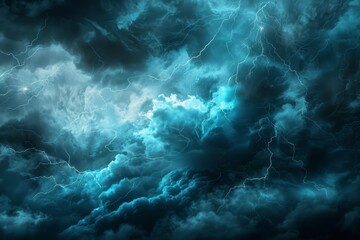 Dramatic Stormy Sky with Dark Clouds and Lightning Bolts, Digital Illustration - obrazy, fototapety, plakaty
