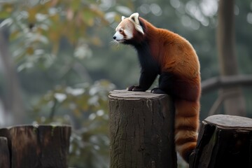 Red panda wandering around a devastated bamboo forest. Problem of deforestation, danger for...
