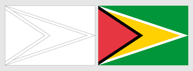 Guyana flag - coloring page. Set of white wireframe thin black outline flag and original colored flag.