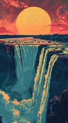 Waterfall stylized poster at sunset