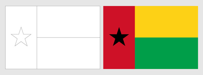 Guinea-Bissau flag - coloring page. Set of white wireframe thin black outline flag and original colored flag.