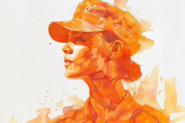 Orange watercolor painting of a military personnel, army woman - obrazy, fototapety, plakaty