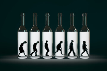 Evocative Display of Wine Bottles Illustrating Human Evolution Concept