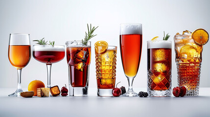 Assorted cocktails and beverages with garnishes on a light background. - obrazy, fototapety, plakaty