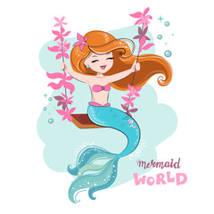Cute cartoon illustration with happy beautiful mermaid swinging on a swing on a white background. T-shirt art, pajamas print