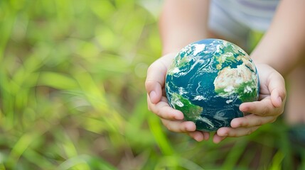 World Earth Day Concept. Green Energy, ESG, Renewable and Sustainable Resources. Environmental Care. Hands of People Embracing a Handmade Globe. Protecting Planet Together. Top View