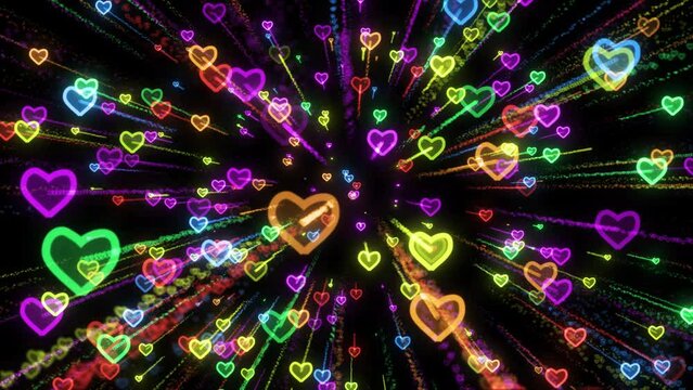Glowing Glitter Particle Heart Flaying, Multi Color Heart Symbol Animation, Glitter Herat Particle Love And Romance Background. Heart Symbol Floating On Black Background, Valentine Love Romance