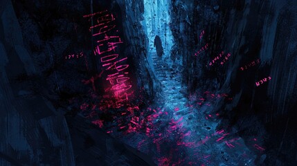 a man walking in to the ancient tunnel with script on wall shimmering glowing light, sci-fi fantasy mysterious artistic background, Generative Ai