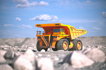 Obraz premium Bright Orange Industrial Mining Dump Truck Loaded with Rocks at Quarry Site