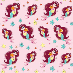 Funny cartoon illustration with beautiful mermaid and starfish on a pink background seamless pattern. T-shirt art, pajamas print for kids - 767083770