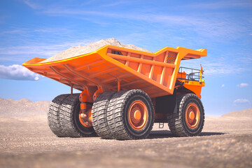 Massive Orange Mining Dump Truck Loaded with Rocks at Quarry Site