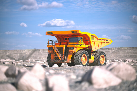 Bright Orange Industrial Mining Dump Truck Loaded with Rocks at Quarry Site