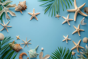 summer background vacation,  Flat lay photo seashell and starfish on blue wood table, Holiday travel background, coconut and palm leaves, summer background, Generative Ai