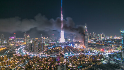 Dubai Burj Khalifa before New Year 2016 fireworks celebration timelapse and the Fire accident at...