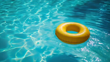 Yellow pool float, ring floating in a refreshing blue swimming pool