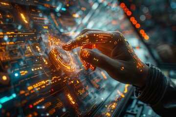 A user interacts with a futuristic holographic interface, where digital displays materialize as floating virtual screens in a scenario of advanced tech innovation   - obrazy, fototapety, plakaty