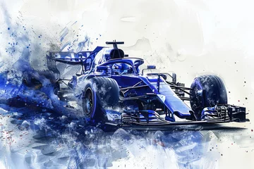 Foto op Plexiglas Blue watercolor painting of sport car racing in formula 1 competition © Ema