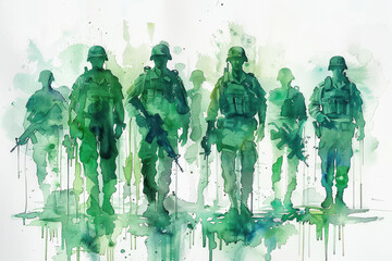 Green watercolor painting of a group of soldiers in combat equipment - obrazy, fototapety, plakaty