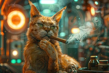 Realistic portrayal of a lion with mafia gravitas, holding a cigar, set against the complex interior of a starship - obrazy, fototapety, plakaty