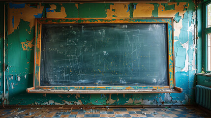 Vintage blackboard in an abandoned classroom with peeling teal paint on the walls, conveying a sense of decay and forgotten education.