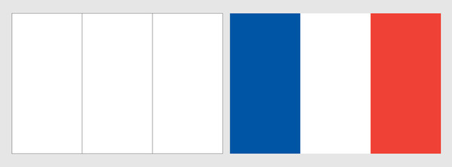 France flag - coloring page. Set of white wireframe thin black outline flag and original colored flag.