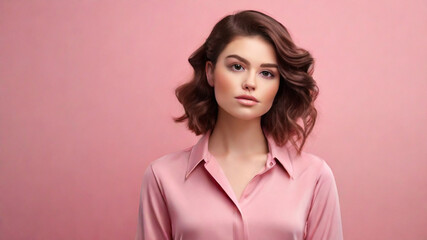 Fototapeta premium Studio portrait of young woman in pink silk pajama on the pink background