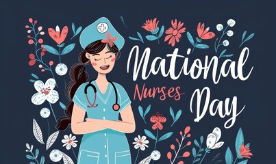 National Nurses day holiday background. Illustration of happy smiling nurse and modern calligraphy lettering.