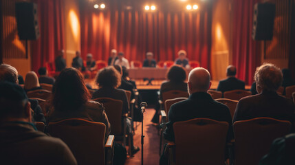 A panel discussion in a hall with an attentive audience, warm lighting, and elegant interior. - obrazy, fototapety, plakaty