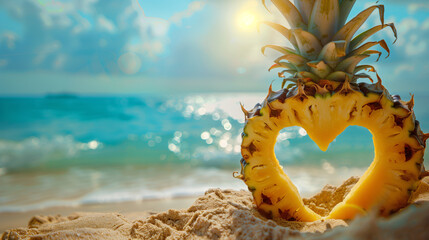 Piece of pineapple on the beach with hole in the shape of heart on a tropical beach background with...