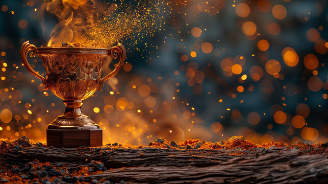 Glowing trophy on a bokeh light background with sparkling and glowing effects, symbolizing victory and success.