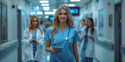 A charming blonde doctor exudes confidence and expertise in a hospital corridor, surrounded by colleagues.