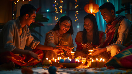 The joyful image portrays a joyous celebration, where two brides and their Habibi come together in unity as they share dinner surrounded by golden candle light - obrazy, fototapety, plakaty