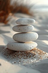 Fototapeta na wymiar At the beach, a perfectly balanced stack of pebbles offers relaxation and harmony amidst nature's beauty.