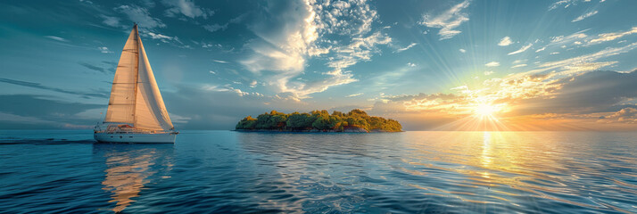 A paradisiacal seascape with azure waters, palm-fringed shores, and a serene atmosphere. - obrazy, fototapety, plakaty