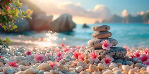Zelfklevend Fotobehang Amidst a tranquil seascape, a breathtaking balance of rocks and plumeria petals promotes harmony and serenity. © Andrii Zastrozhnov