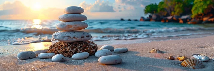 Deurstickers Bathed in sunlight, a stable stack of stones rests on the tranquil beach, symbolizing harmony and relaxation. © Andrii Zastrozhnov
