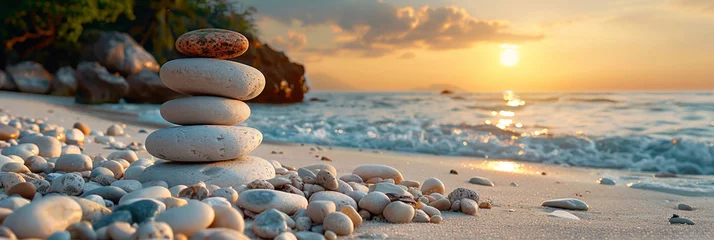 Foto op Aluminium In the paradise of a sandy beach, a stack of stones complements the vibrant seascape at sunset. © Andrii Zastrozhnov