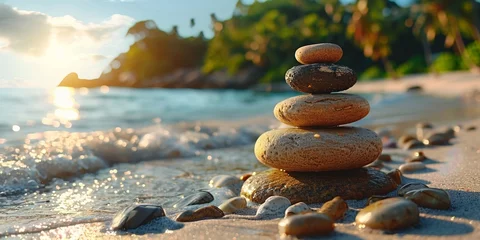  On the palm-lined beach, a serene stack of pebbles embodies balance and harmony. © Andrii Zastrozhnov