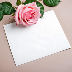 White paper with pink rose beside the paper. Greeting card, invitation card template Concept 