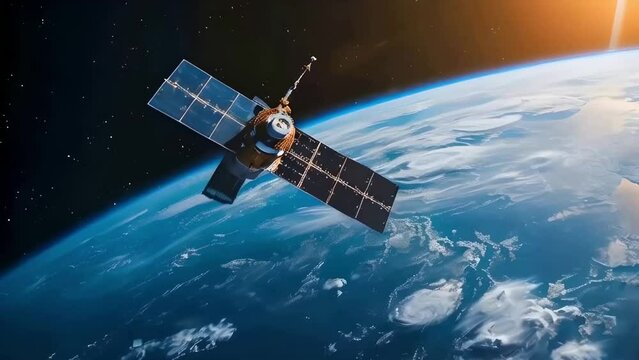 A satellite orbits above the earth, with Earth's horizon visible below and space overhead with the sun shines on one side of the planet